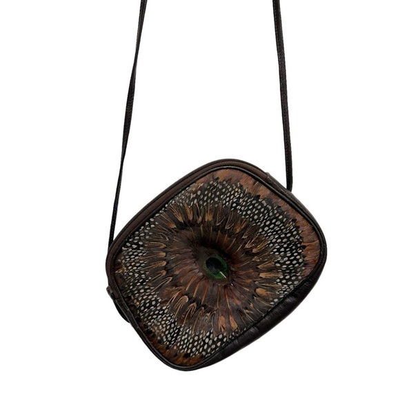 Vintage boho leather crossbody bag peacock pheasant feather front super unique - Picture 2 of 14
